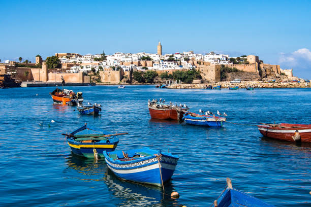 View of the harbour of Rabat, Morocco in Africa View of the harbour of Rabat, Morocco located in the river Bou Regreg at the mouth of the Atlantic Ocean. morocco stock pictures, royalty-free photos & images