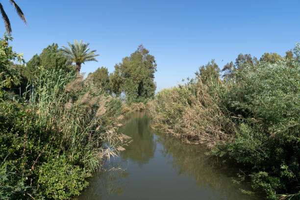 View of the Jordan River flowing into the Sea of Galilee stock photo