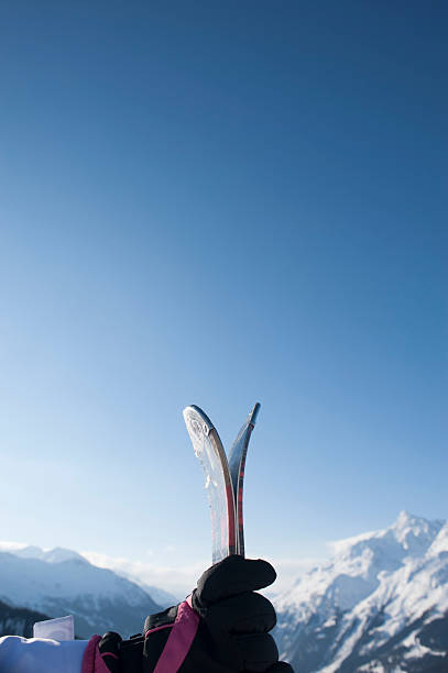 view of the mountains, skis in foreground - rosières stockfoto's en -beelden