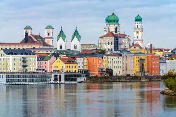 View of the old city of Passau from the Danube, Lower Bavaria, Germany. Also known as the DreiflÃ¼ssestadt (City of Three Rivers) where the Danube is joined by the Inn and the Ilz stock photo