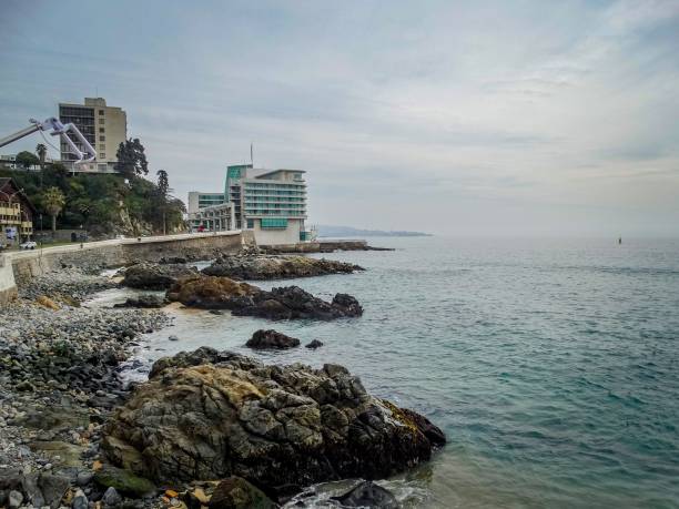 View of the Pacific ocean in Vina Del Mar during winter stock photo