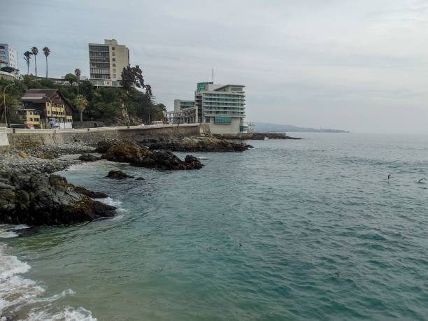 View of the Pacific ocean in Vina Del Mar during winter stock photo