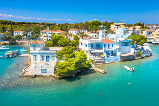 View of the picturesque coastal town of Porto Heli, Peloponnese, Greece. stock photo