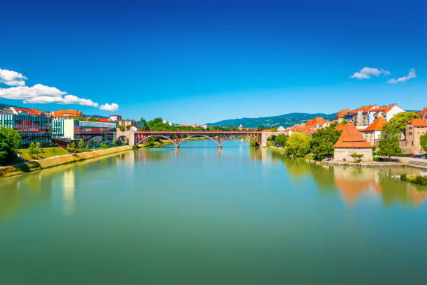 View of the river Drava and the Old Bridge in Maribor, the second largest city in Slovenia stock photo