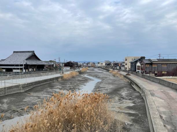 A view of the river flowing through Yanagawa City stock photo
