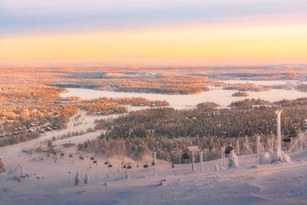 View of the ski resort Ruka Finnish Lapland, cold winter sunset. stock photo