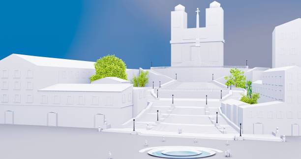 View of the spanish steps in Rome, Italy, in 3D low poly architecture 3D and white color stock photo