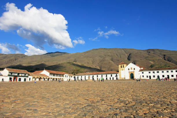 A view of the town square in Villa De Leyva, Colombia stock photo