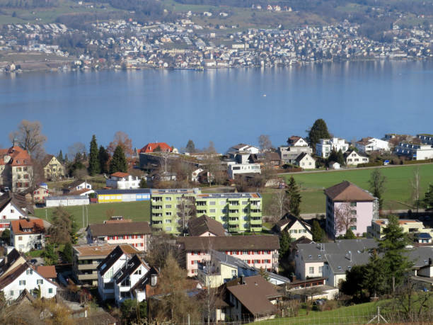 View of the village of Horgen and Lake Zürich (Zürichsee or Lake Zuerichsee) from the hill Horgenberg - Canton of Zürich (Zuerich or Zurich), Switzerland (Schweiz) stock photo