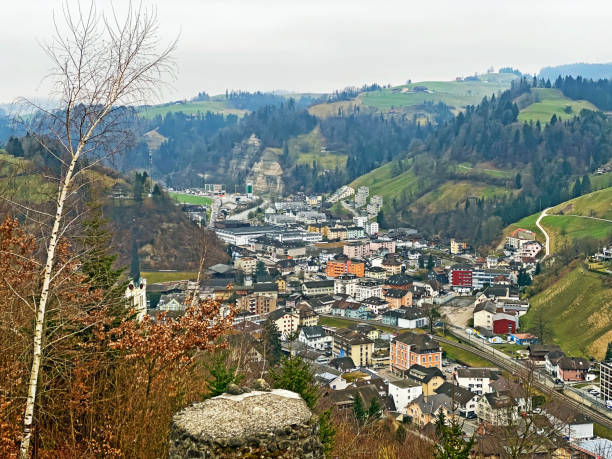 View of the Wolhusen settlement from a lookout point on the ruins of a burg above the valley - Switzerland (Schweiz) stock photo
