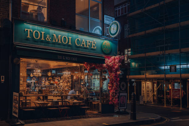 View of Toi and Moi Cafe in Soho, London, UK, on an autumn evening. stock photo