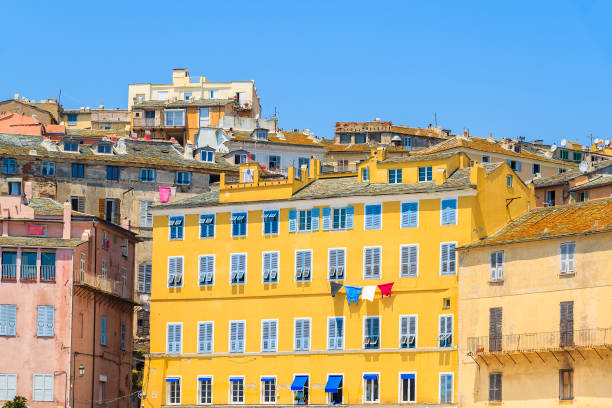 A view of typical houses in Bastia port, Corsica island, France Corsica is the largest French island on Mediterranean Sea and most popular holiday destination for French people. bastia stock pictures, royalty-free photos & images