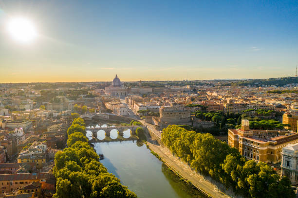 View Of Vatican City Rome Skyline With Tiber River And Vatican,Italy architectural dome photos stock pictures, royalty-free photos & images