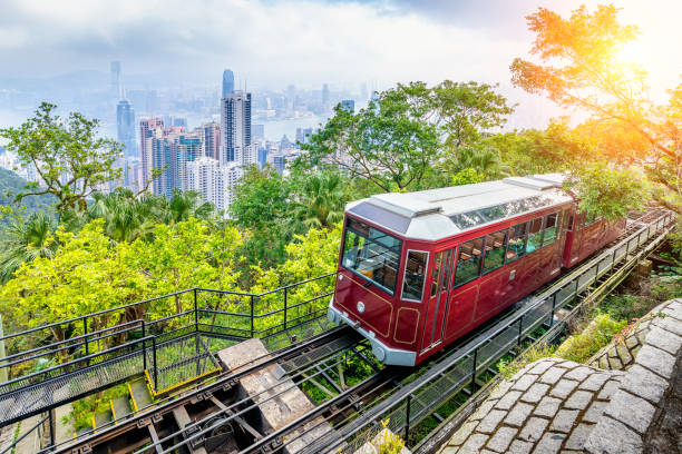 View of Victoria Peak Tram in Hong Kong. stock photo