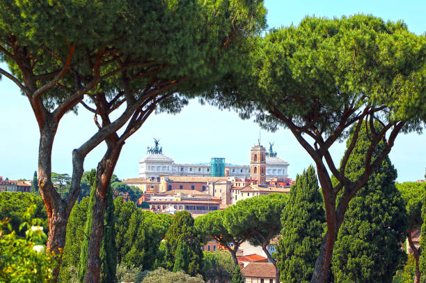 View of Vittoriano from the Roses Garden, in Rome stock photo