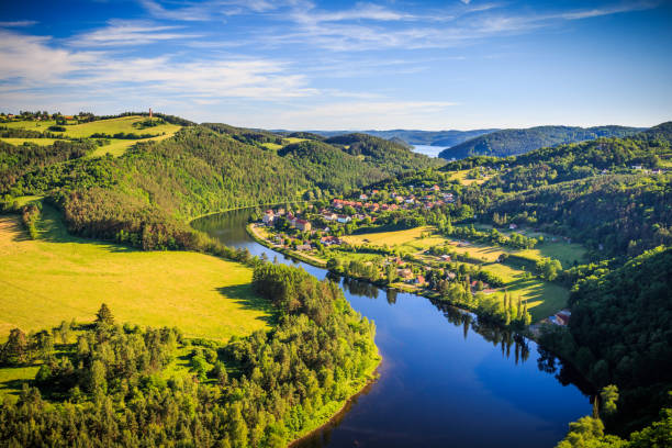 View of Vltava river horseshoe shape meander from Solenice viewpoint, Czech Republic View of Vltava river horseshoe shape meander from Solenice viewpoint, Czech Republic vltava river stock pictures, royalty-free photos & images