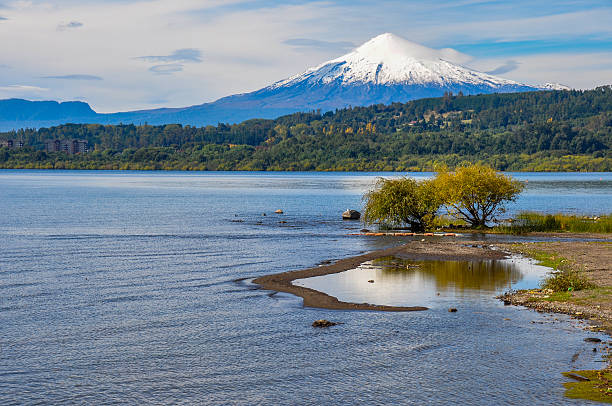 View of Volcan Villarrica from Villarrica itself, Chile stock photo