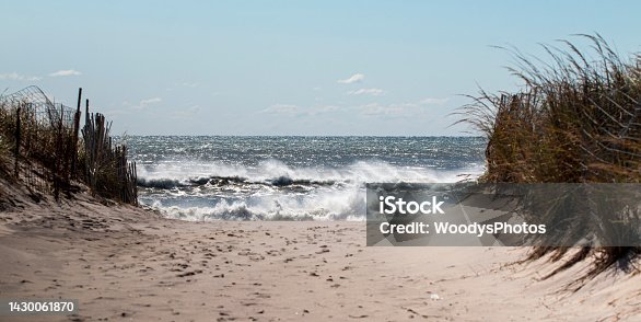 istock View of walking down the beach with a rough Atlantic Ocean 1430061870