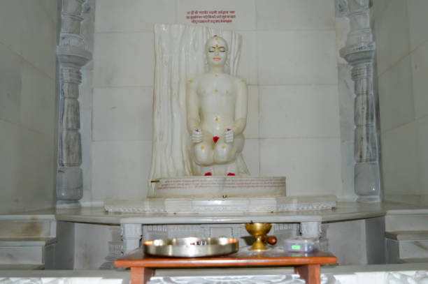View of White Marble Statue of a sitting Naked Jain Tirthankar Meditating on a Yoga Mudra. Parasnath, Giridih, Jharkhand, India May 2018  Close up View of White Marble Statue of a sitting Naked Jain Tirthankar Meditating on a Yoga Mudra. Digambara monks do not wear any clothes while Svetambara clad white. brimham rocks stock pictures, royalty-free photos & images
