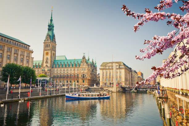 View on Hamburg townhall at spring Hamburg townhall and Alster river at spring elbe river stock pictures, royalty-free photos & images