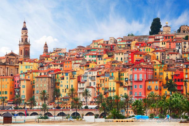 View on old part of Menton, Provence-Alpes-Cote d'Azur,  France. stock photo