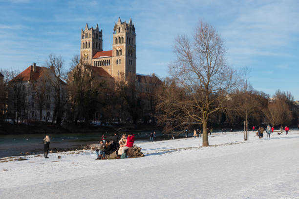 View on St. Maximilian church from the Isar riverside, Munich stock photo