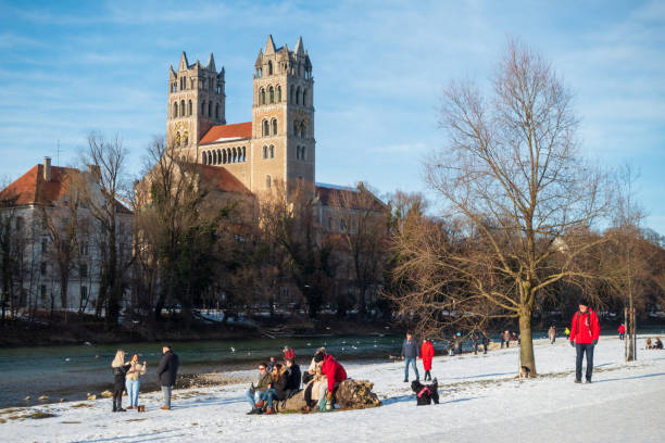 View on St. Maximilian church from the Isar riverside, Munich stock photo