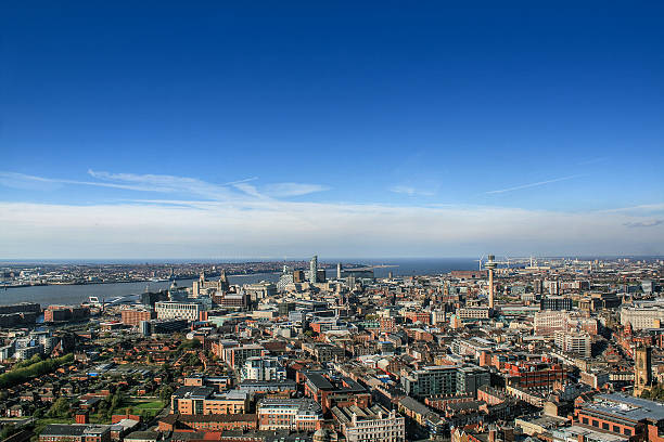 View over Liverpool View over Liverpool looking towards The Liver Buildings, Pier Head and the river Mersey. Taken from the top of the Cathedral. pierhead liverpool stock pictures, royalty-free photos & images
