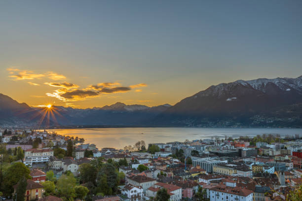 View over Maggiore lake and Locarno town in spring sunny morning stock photo