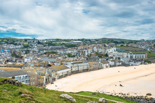 View over Porthmeor Beach in St Ives stock photo