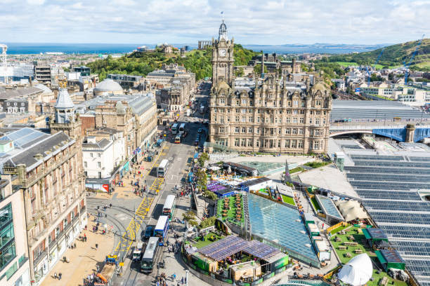 View over Princess Street in Edinburgh, Scotland. stock photo