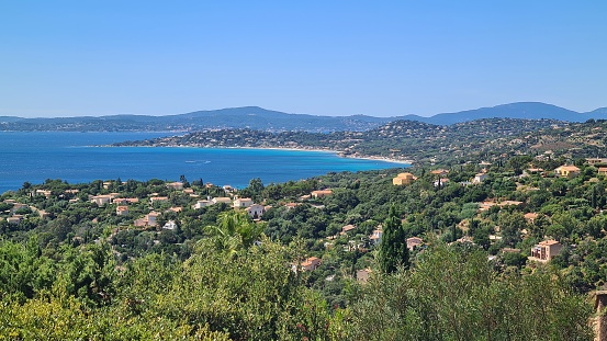 View over Sainte-Maxime and Saint-Tropez Gulf on Côte d'Azur in Var in France