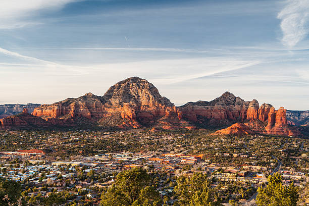 View over Sedona View from Airport Mesa in Sedona at sunset in Arizona, USA mesa stock pictures, royalty-free photos & images