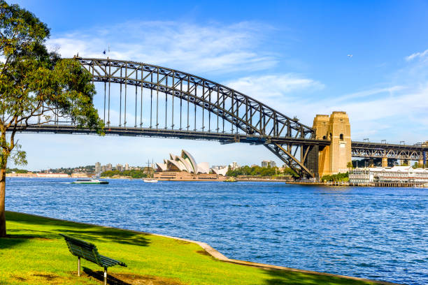 View over Sydney Harbor from Blues Point Reserve, McMahons Point,  Australia. stock photo