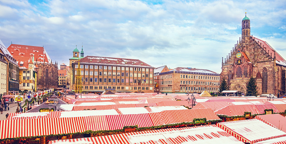 View over the Nürnberger Christmas Market (Christkindlesmarkt) and Altmark at daytime
