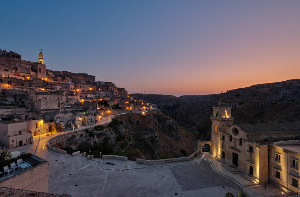 View over the town with Madonna de Idris church and Duomo cathedral , Sassi Di matera stock photo