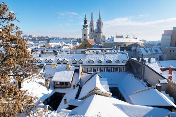 View over Zagreb during winter with snow with view to towers of church and cathedral, Zagreb, Croatia, Europe stock photo