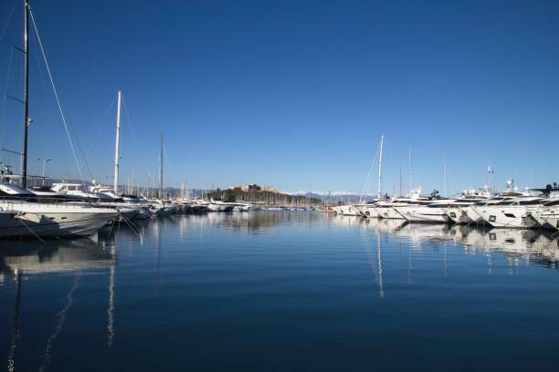 View through marina yachts and motor boats stock photo