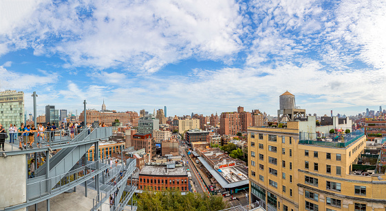 New York, USA - October 7, 2017: view to downtown Manhattan, New York from the end of the High line trail from the plat form of the Whitney  museum.