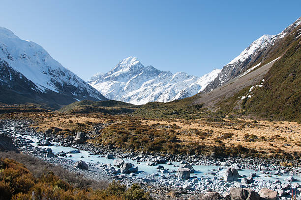 View to Hooker river and mt Cook, Hooker valley View to Hooker river and mt Cook, Hooker valley, Aoraki, New Zealand high country stock pictures, royalty-free photos & images