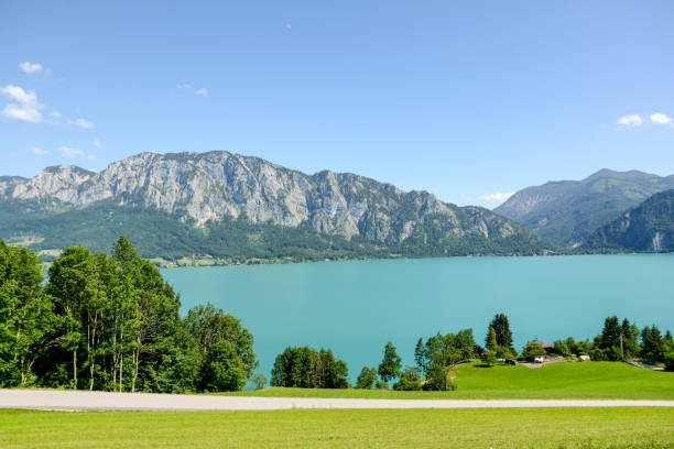 View to lake Attersee with green pasture meadows and Alps mountain range near Nussdorf Salzburg, Austria View to lake Attersee with green pasture meadows and Alps mountain range near Nussdorf Salzburg, Austria fuschl lake stock pictures, royalty-free photos & images