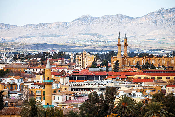 View to Nicosia, Cyprus. View to Nicosia over palm trees, mosque in Turkish side. republic of cyprus stock pictures, royalty-free photos & images