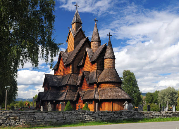 view to the largest stave church of norway in heddal - feddal imagens e fotografias de stock