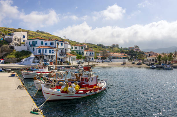 View to the picturesque harbor of Ai Stratis island, Greece stock photo