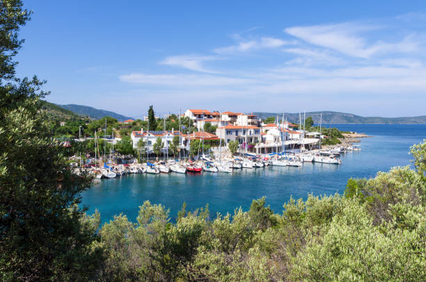 View to the picturesque little harbor of Steni Vala village, Alonnisos island, Greece stock photo