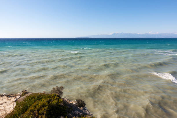 View to the sea in Agios Stefanos village, Corfu island, Greece stock photo