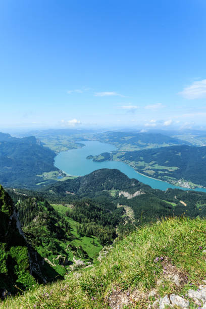 Viewpoint on Schafberg mountain summit in Salzkammergut, Upper Austria Austria, Europe, Mondsee, Mountain, House fuschl lake stock pictures, royalty-free photos & images