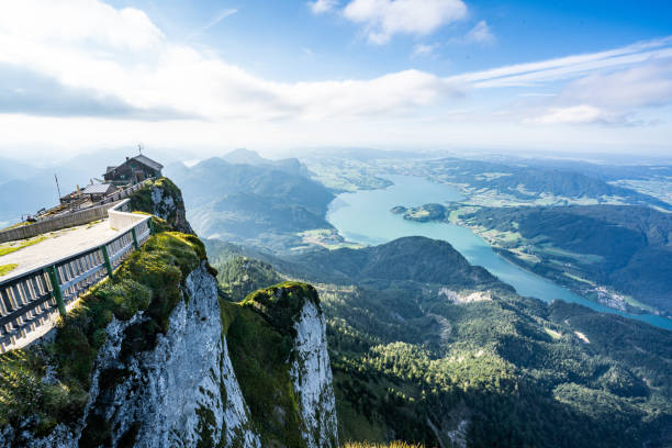 Viewpoint on Schafberg mountain summit in Salzkammergut, Upper Austria Austria, Europe, Mondsee, Salzburg, Salzkammergut fuschl lake stock pictures, royalty-free photos & images