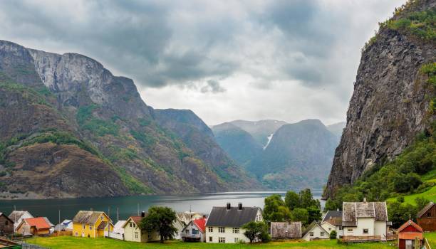 Views of Aurlandsfjord from Undredal village in Norway stock photo
