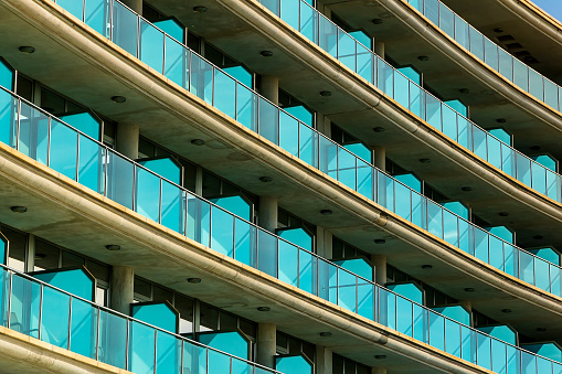 Views of the balconies in tourist apartments on the beach of Villajoyosa, Alicante, Spain.